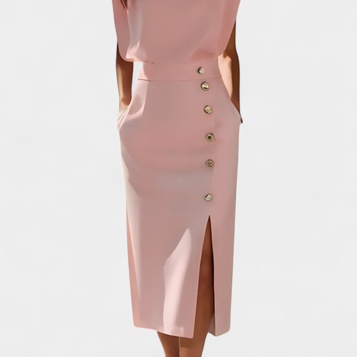 Vestido Midi Ceecee con Mangas Largas y Botones Decorativos
