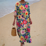 Filomena - Vestido de Playa Largo Floral Brillante de Manga Tres Cuartos