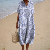 Pilar - Vestido de Playa Largo Florido Suave de Manga Corta