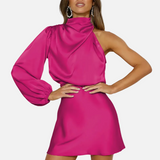 Vestido mini de un solo hombro con manga larga y cuello drapeado para mujer