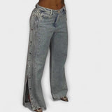 Nola - Pantalones de tiro alto con piedras y botones laterales