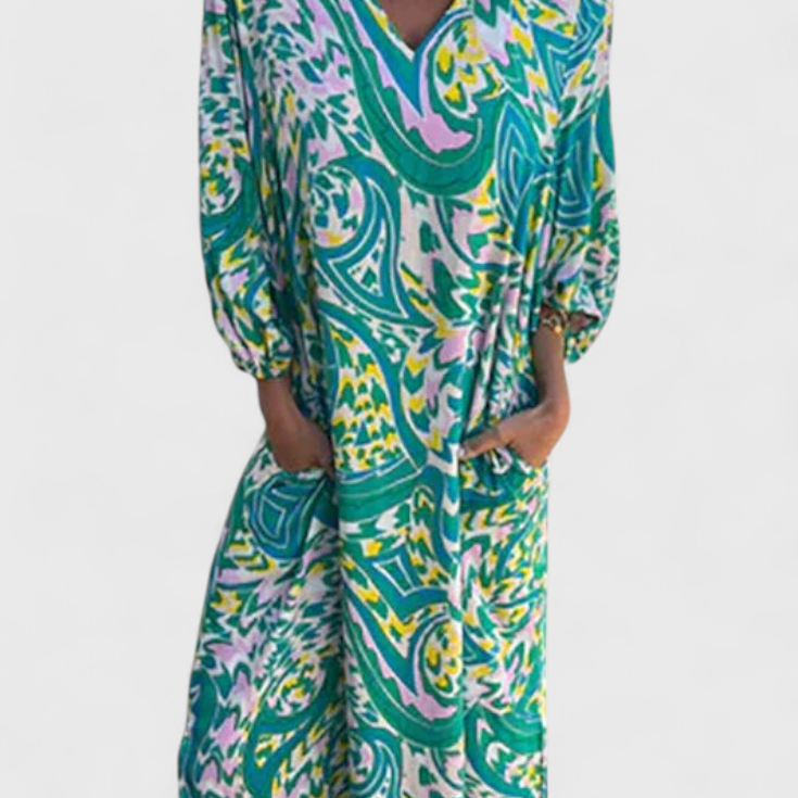 Vestido Maxi Bohemio Carmina con Escote en V y Estampado Abstracto