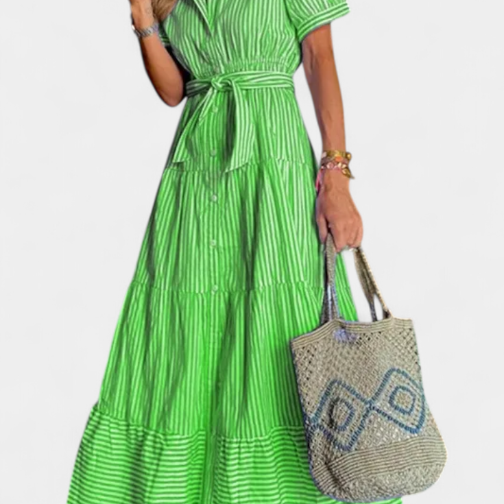 Vestido Camisero Largo Rayado Maya con Cinturón
