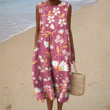 Alba - Vestido de Playa Midi Floral Romántico Sin Mangas