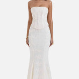 Vestido Maxi de Invitada de Boda Bordado Sin Tirantes