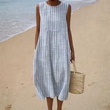Maria - Vestido de Playa Midi Rayado Sin Mangas