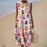 Sónia - Vestido de Playa Midi con Estampado de Gatos Sin Mangas