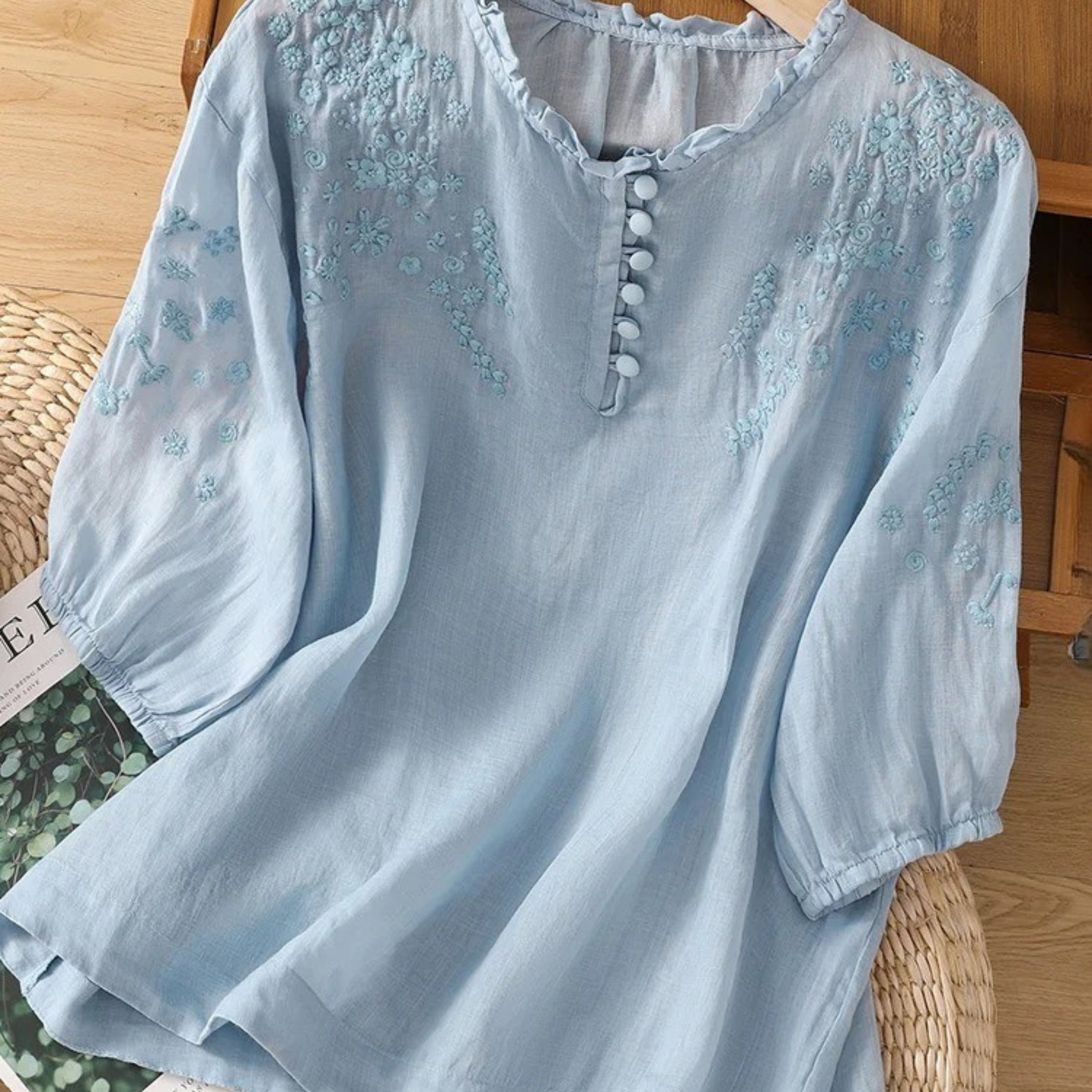 Kissina | Blusa de algodón y lino bordada