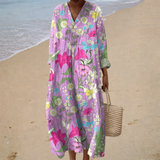 Noémia - Vestido de Playa Largo Florido Elegante de Manga Larga