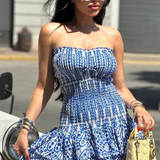 Vestido mini fruncido sin tirantes para mujer con falda escalonada con volantes