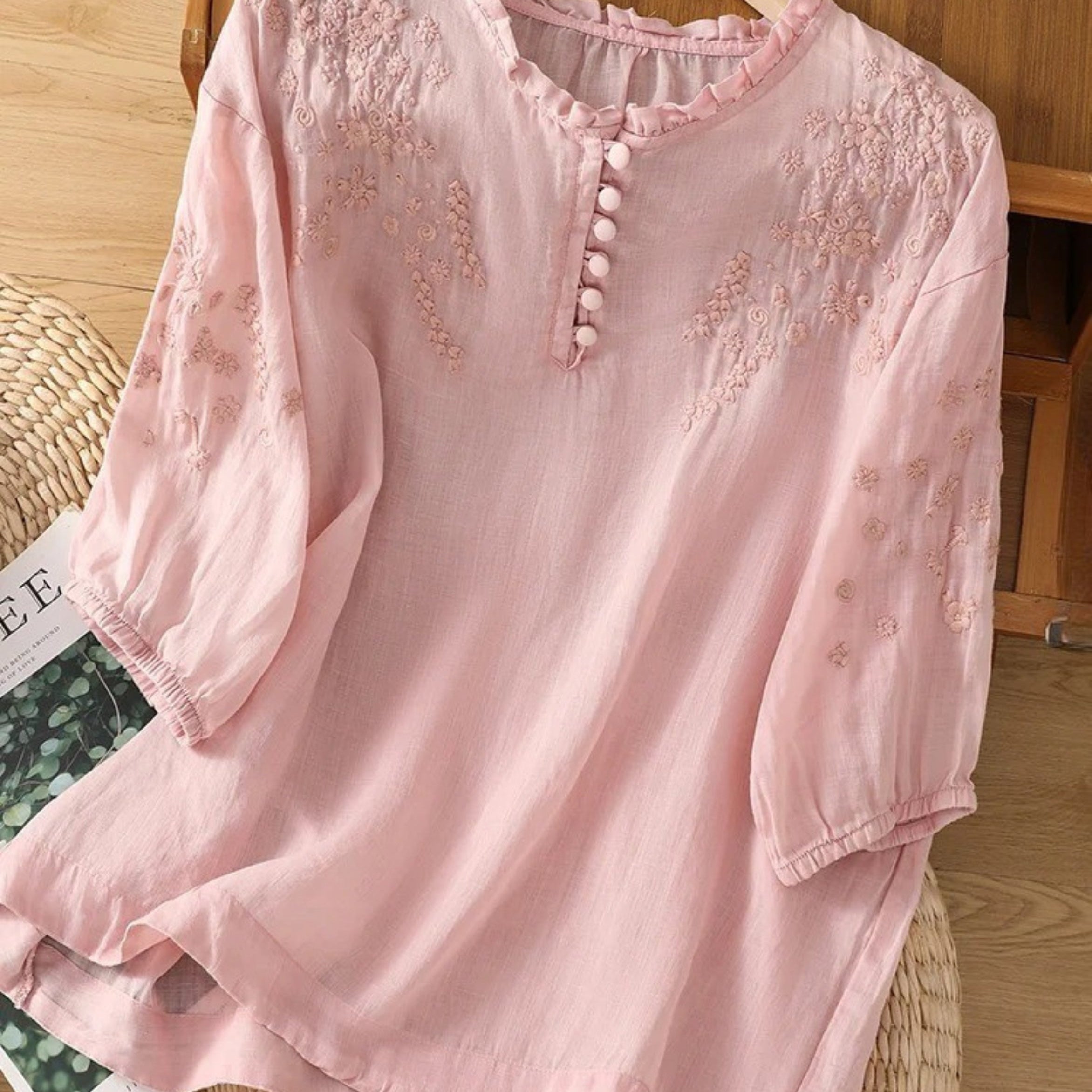 Kissina | Blusa de algodón y lino bordada