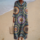 Carmem - Vestido de Playa Largo con Motivos Bohemios de Manga Larga