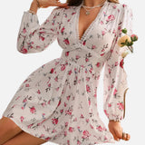 Vestido mini floral con escote en V para mujer, mangas largas y falda con volantes