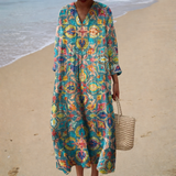 Ivone - Vestido de Playa Largo con Patrones Bohemios de Manga Larga