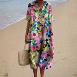 Raquel - Vestido de Playa Largo Floral de Manga Corta