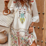 Vestido mini bohemio bordado para mujer con mangas 3/4 y escote en V
