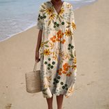 Daniela - Vestido de Playa Midi Floral Campestre de Manga Corta