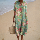 Irene - Vestido de Playa Midi Floral Romántico de Manga Corta