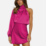 Vestido mini de un solo hombro con manga larga y cuello drapeado para mujer