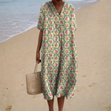 Sílvia - Vestido de Playa Midi Floral Retro de Manga Corta