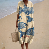 Natália - Vestido de Playa Largo con Patrón de Sardinas
