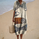 Constança - Vestido de Playa Midi Artístico de Manga Corta