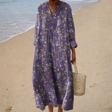 Aldina - Vestido de Playa Largo Floral de Manga Larga