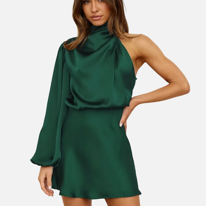 Vestido mini de un solo hombro con manga larga y cuello drapeado para mujer