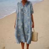 Lara - Vestido de Playa Midi Bohemio de Manga Corta