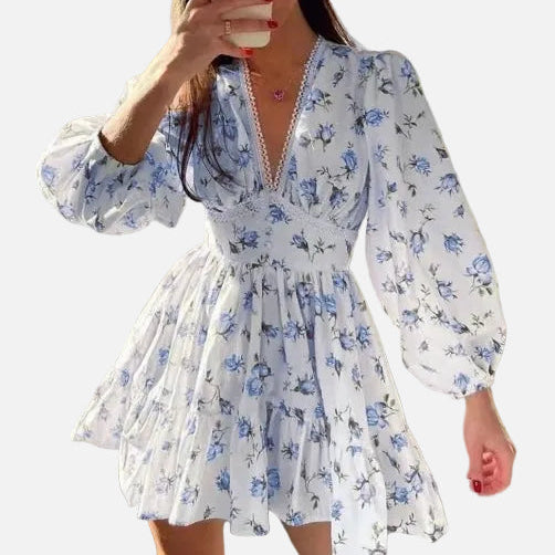 Vestido mini floral con escote en V para mujer, mangas largas y falda con volantes
