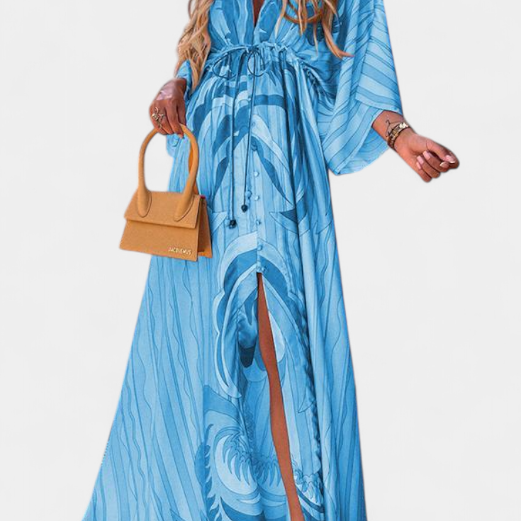 Vestido Maxi Joelle Arcoíris con Escote en V y Mangas Murciélago