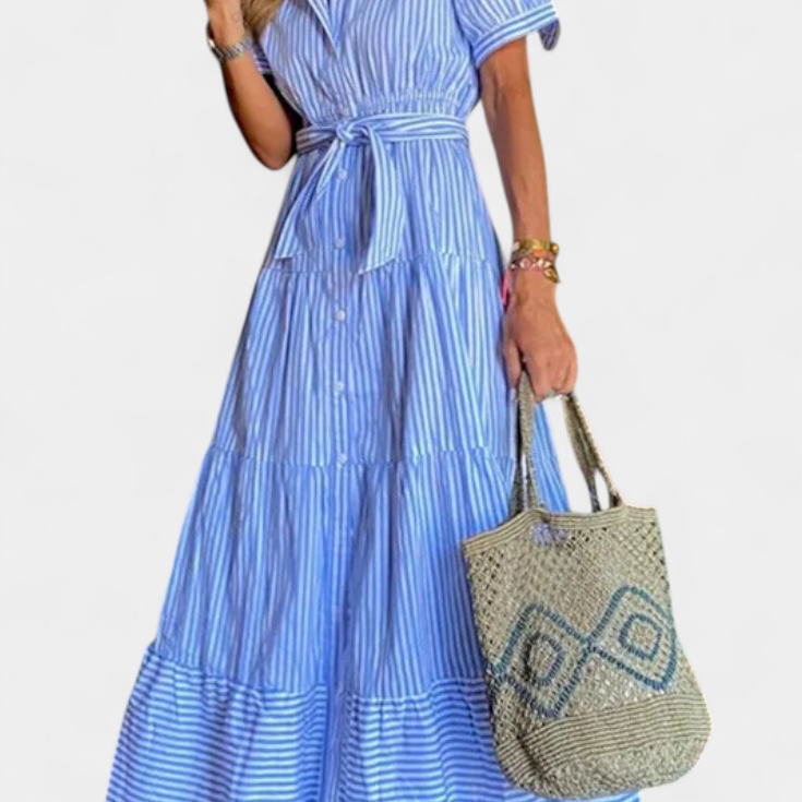 Vestido Camisero Largo Rayado Maya con Cinturón