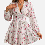 Vestido mini floral con escote en V para mujer, mangas largas y falda con volantes
