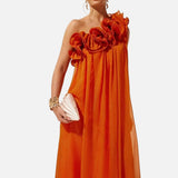 Vestido de Noche Floral Asimétrico de Un Hombro