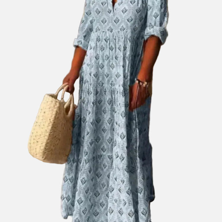 Vestido Largo Vintage de Otoño – Diseño con Escote en V Halagador para un Estilo Sin Esfuerzo