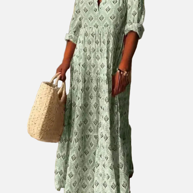 Vestido Largo Vintage de Otoño – Diseño con Escote en V Halagador para un Estilo Sin Esfuerzo