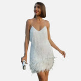Vestido mini con flecos y tiras para mujer con dobladillo de plumas