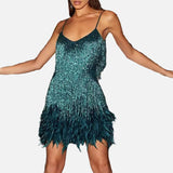 Vestido mini con flecos y tiras para mujer con dobladillo de plumas