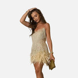 Vestido mini con flecos y tiras para mujer con dobladillo de plumas