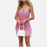 Vestido mini con flecos y tiras para mujer con dobladillo de plumas