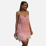 Vestido mini con flecos y tiras para mujer con dobladillo de plumas