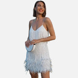Vestido mini con flecos y tiras para mujer con dobladillo de plumas