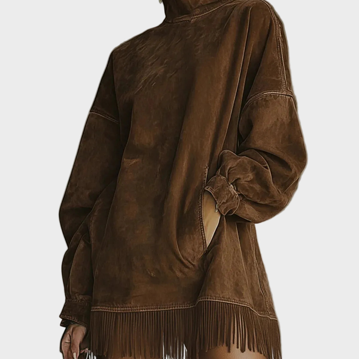 Vestido de Fausz Suede con Cuello Alto y Flecos