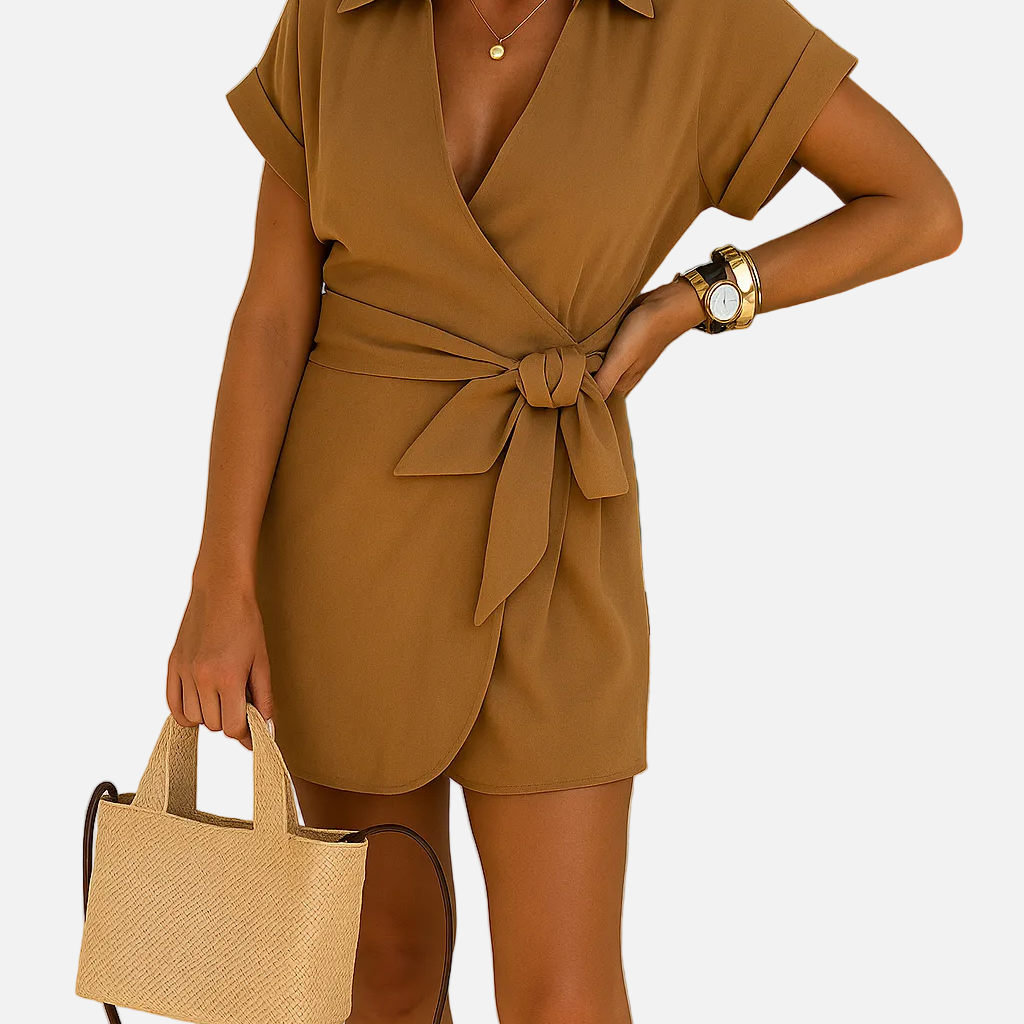 Vestido mini cruzado de manga corta para mujer con lazo en la cintura y cuello