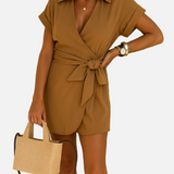 Vestido mini cruzado de manga corta para mujer con lazo en la cintura y cuello