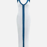 Vestido Maxi de Cóctel con Cuello en V y Textura Acanalada en Bloques de Color