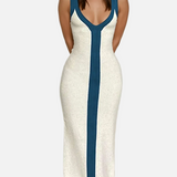 Vestido Maxi de Cóctel con Cuello en V y Textura Acanalada en Bloques de Color