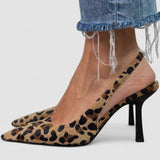 Liorina | Tacones altos Chaki con estampado de leopardo y punta afilada