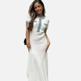 Vestido Maxi de Punto Acanalado Blanco – Vestido Elegante de Verano de Manga Corta para Mujeres