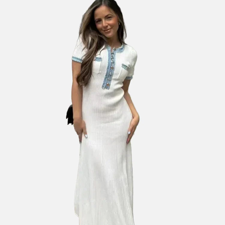 Vestido Maxi de Punto Acanalado Blanco – Vestido Elegante de Verano de Manga Corta para Mujeres
